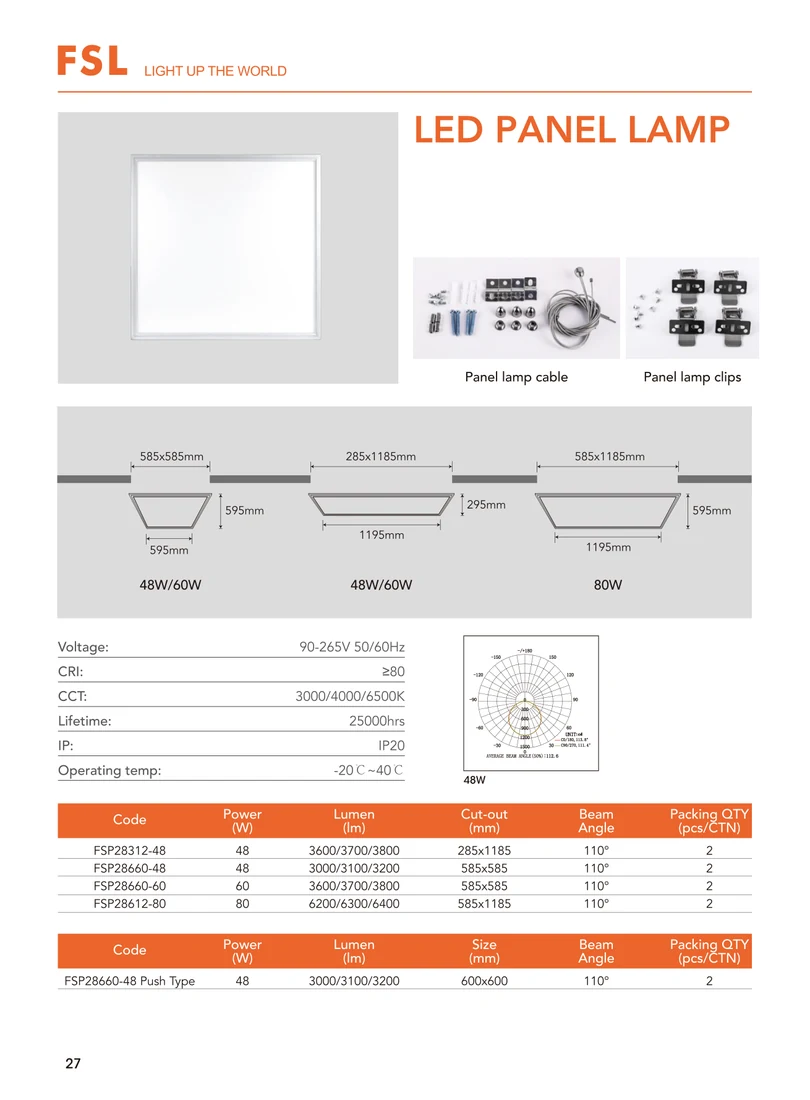 FSL LED panel light catalogue page