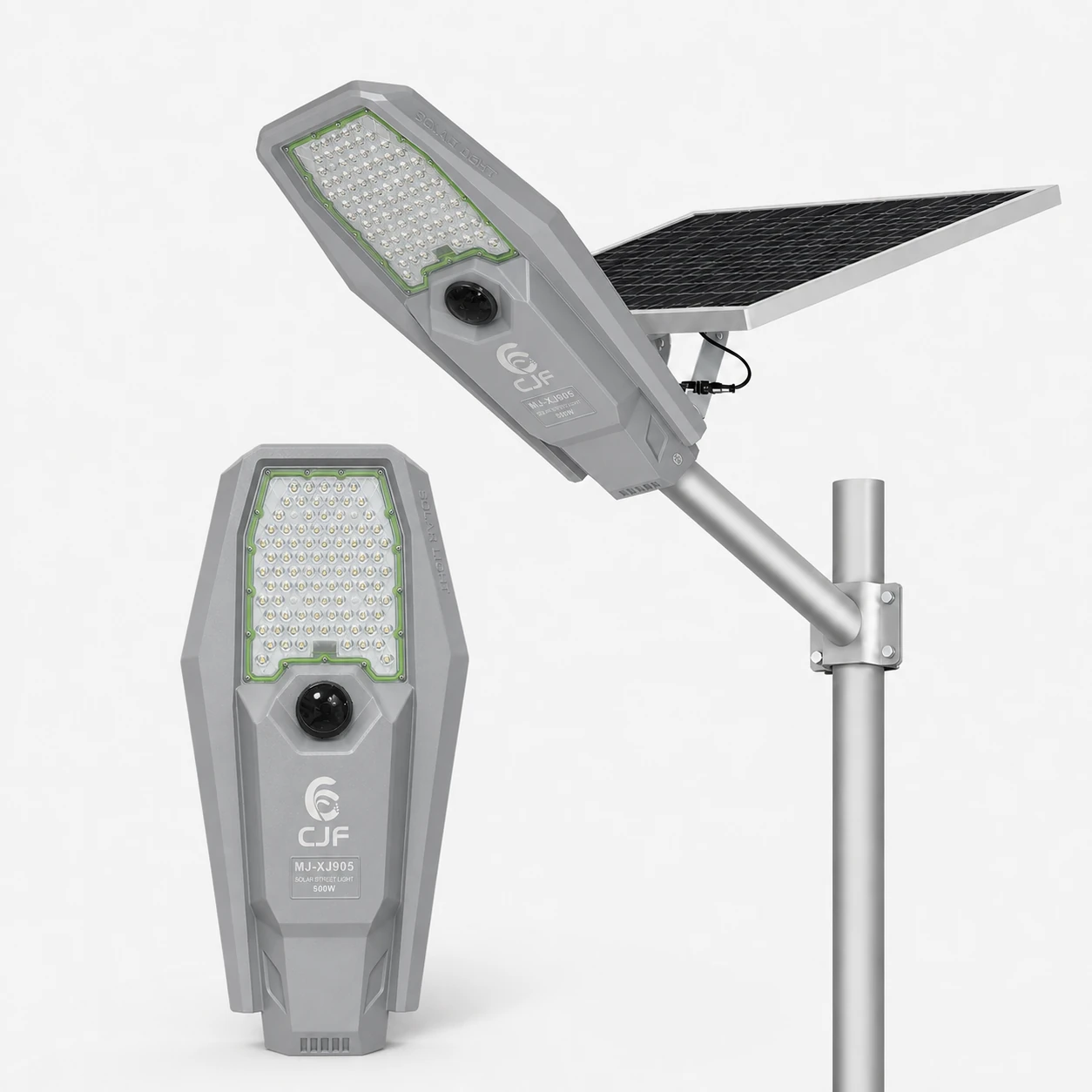 CJF-branded MJ-XJ905 split solar street light shown with pole and solar panel