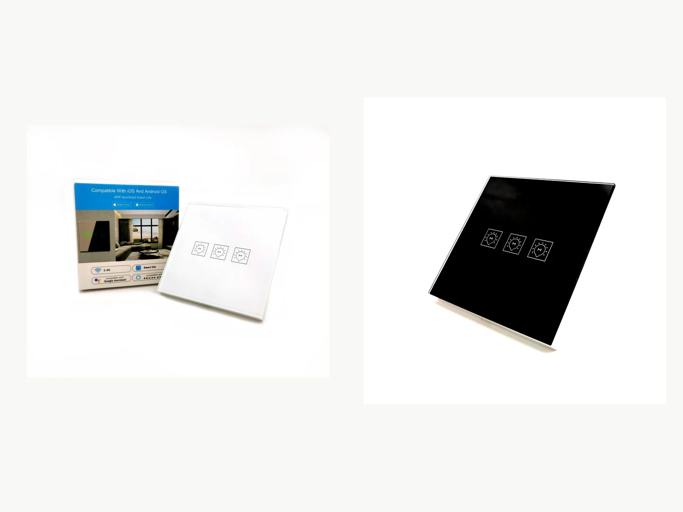 Black and white glass smart switch designs available through China Jine