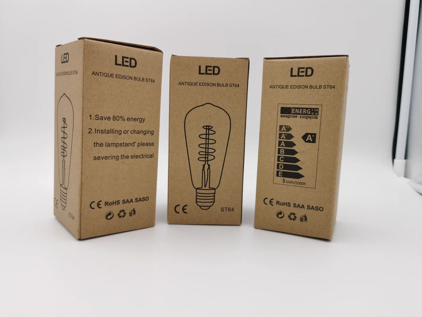 ST64 LED filament lamp boxes photographed by China Jine