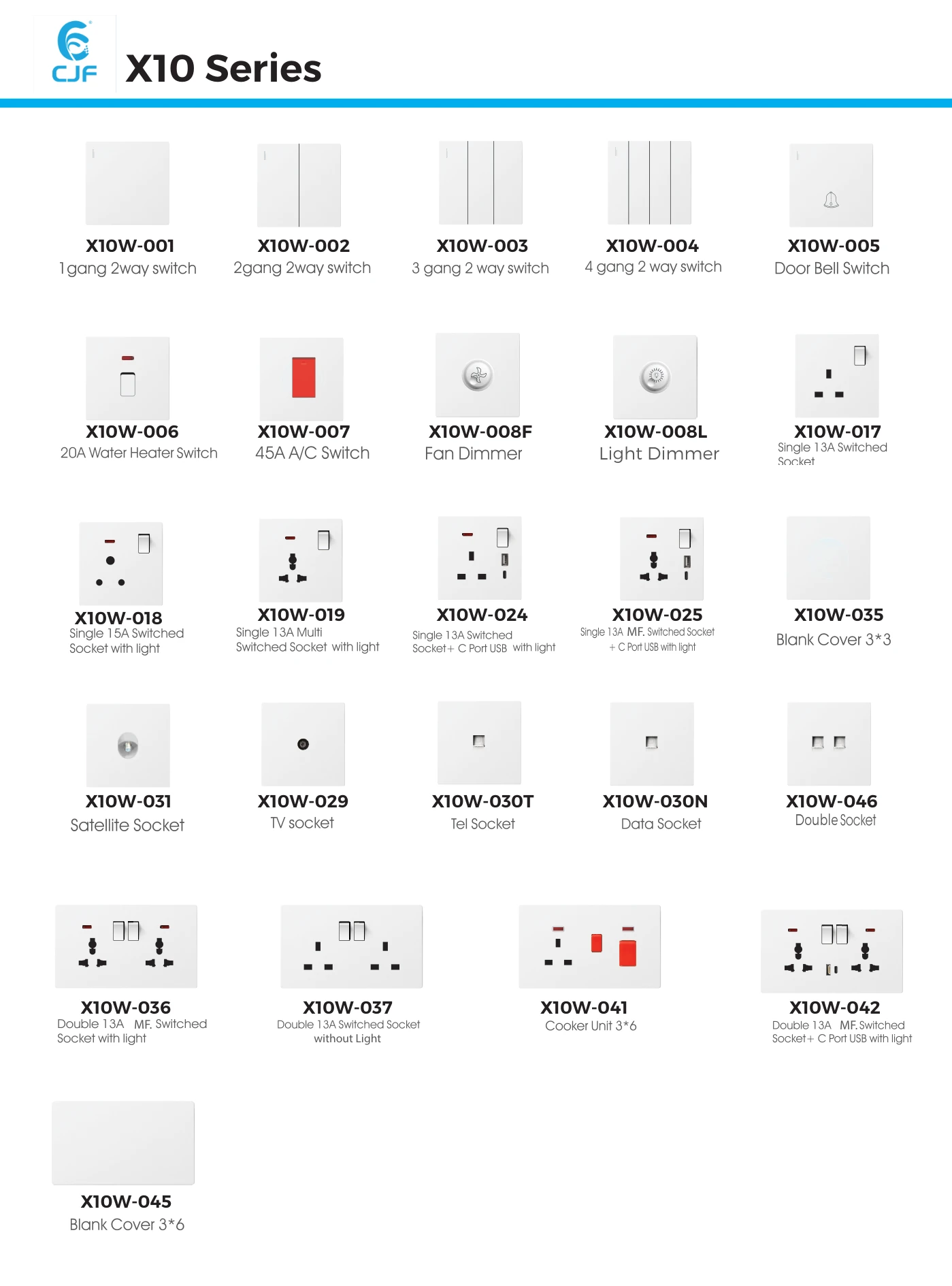CJF X10 conventional white switches and sockets catalogue range